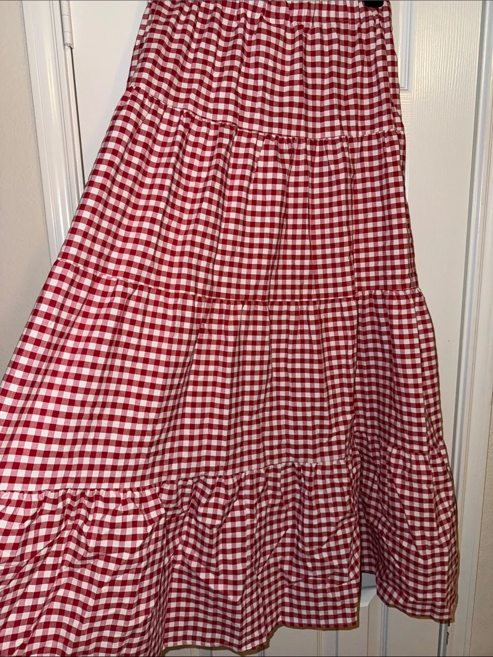 Red Gingham Tiered Midi Skirt